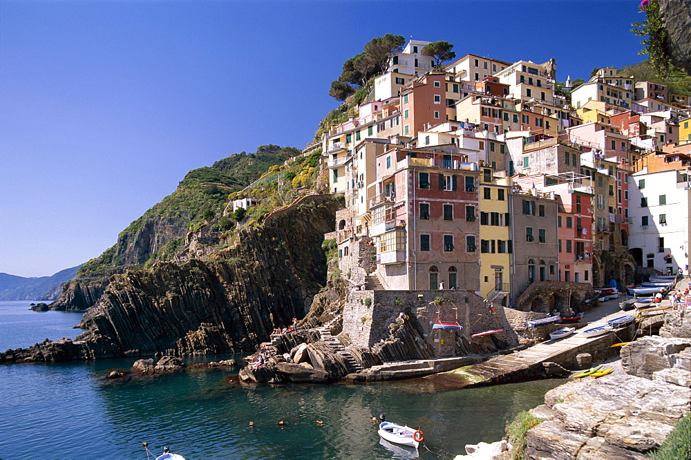 Coastal view and village, Riomaggiore, Cinque Terre, UNESCO World Heritage Site, Liguria, Italy