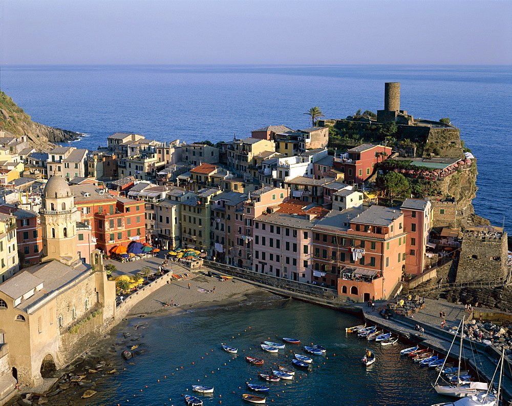 Coastal view and village, Vernazza, Cinque Terre, UNESCO World Heritage Site, Liguria, Italy, Europe