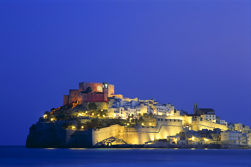 The Old Town at night, Peniscola, Costa del Azahar, Valencia, Spain, Mediterranean, Europe