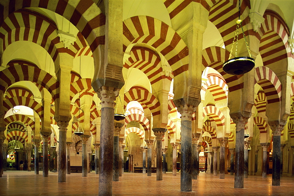 Arches and pillars inside the Mezquita (Great Mosque), UNESCO World Heritage Site, Cordoba, Andalusia, Spain. Europe