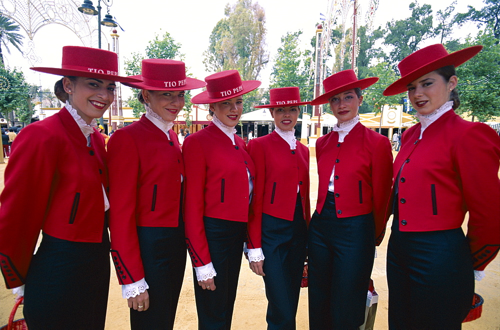 Girls dressed in Tio Pepe Company costume, Horse Fair (Fiesta), Jerez de la Frontera, Andalusia, Spain, Europe