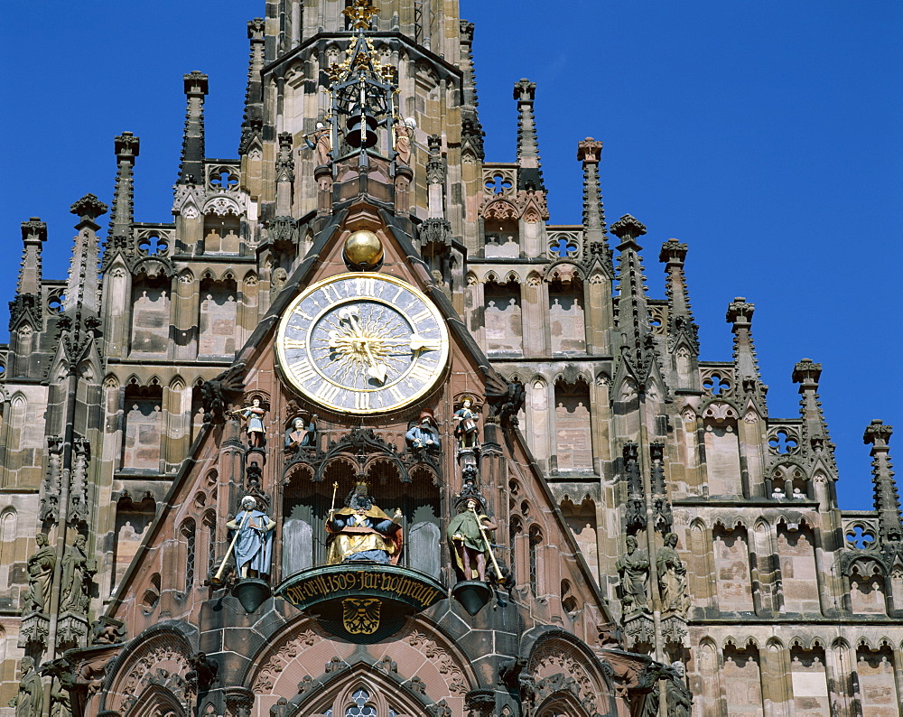 Detail of clock tower, Frauenkirche, Gothic church, Market Square (Hauptmarkt) Nuremberg, Bavaria, Franconia, Germany, Europe