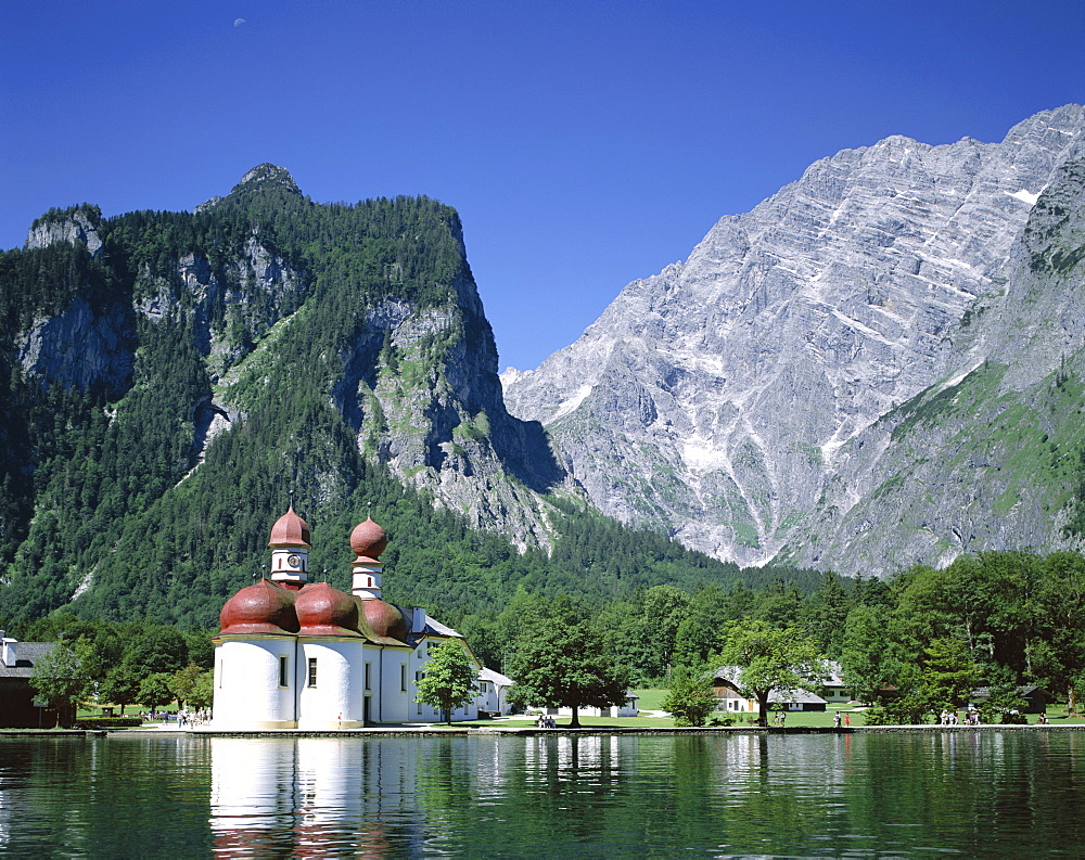 Konigssee Lake, St. Bartholoma Chapel and the Alps, Berchtesgadener Land, Bavaria, Germany, Europe