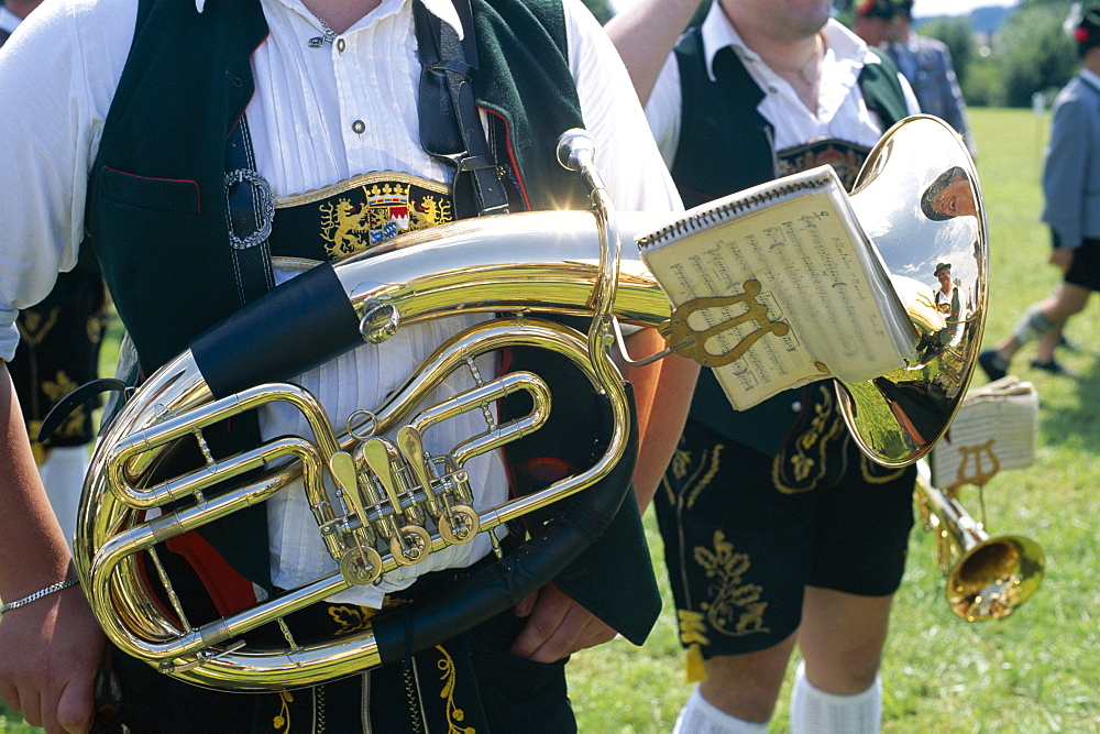 Detail of brass horn, Marching Brass Band, Bavarian Festival, Rosenheim, Bavaria, Germany, Europe