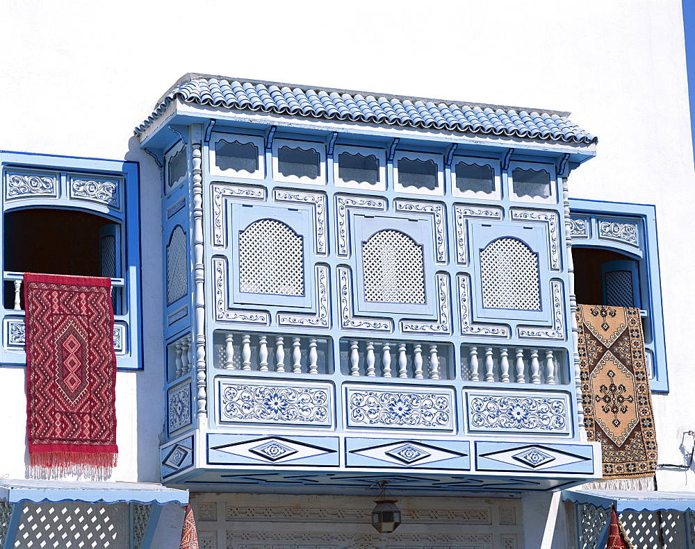 Decorative blue window, Kairouan, Tunisia, North Africa, Africa