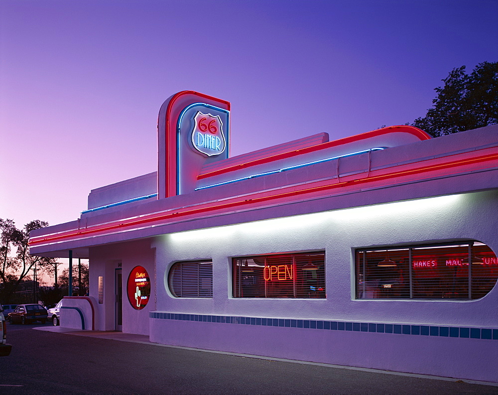 Route 66 Diner at night, Route 66, Albuquerque, New Mexico, United States of America, North America