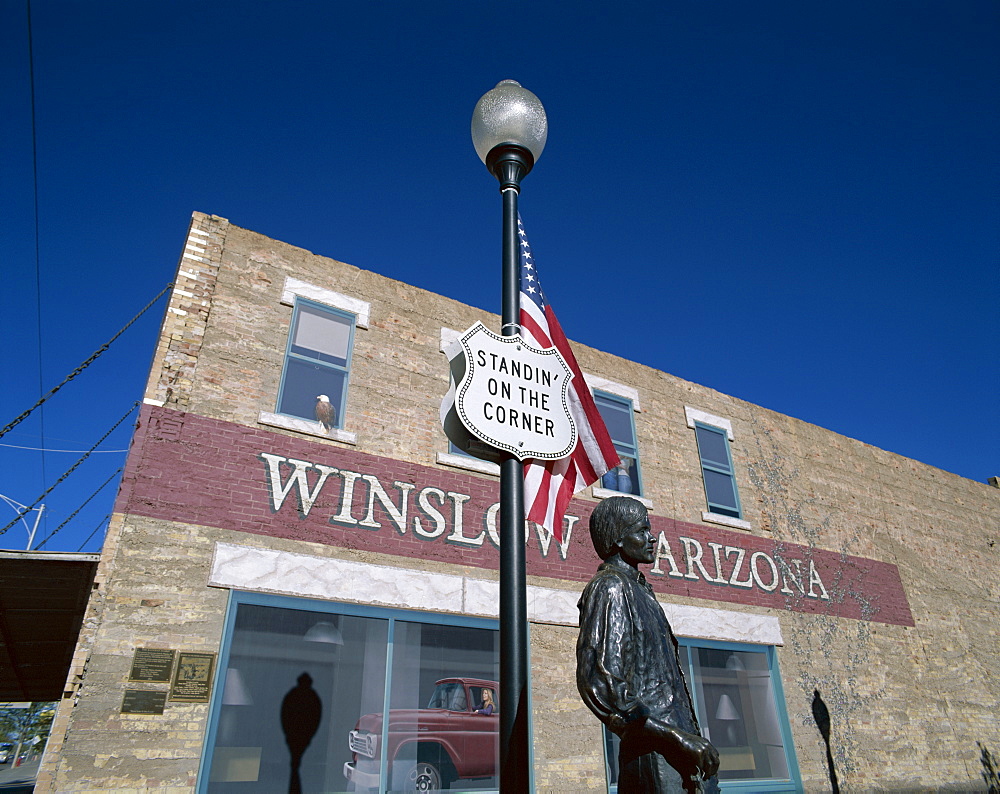 Statue by Ron Adamson titled Standin on the Corner, Route 66, Winslow, Arizona, United States of America, North America