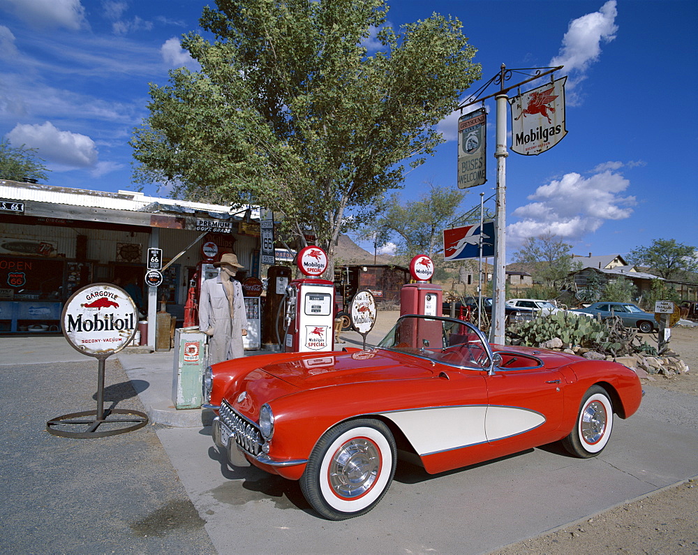 Route 66, Red Chevrolet Corvette 1957 Car at Gas Station, Hackberry, Arizona, United States of America, North America