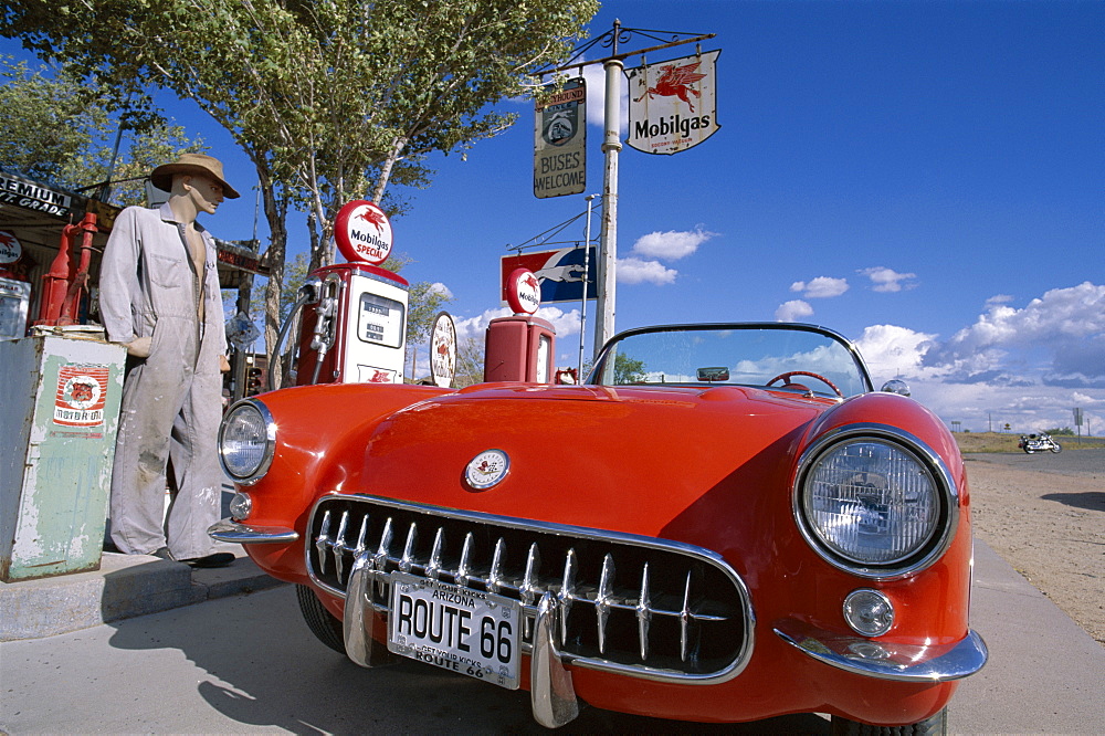 Route 66, Red Chevrolet Corvette 1957 Car at Gas Station, Hackberry, Arizona, United States of America, North America