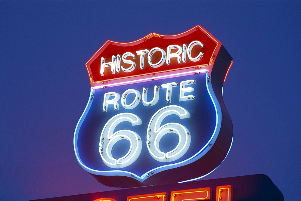 Route 66 Motel sign at night, Route 66, Seligman, Arizona, United States of America, North America