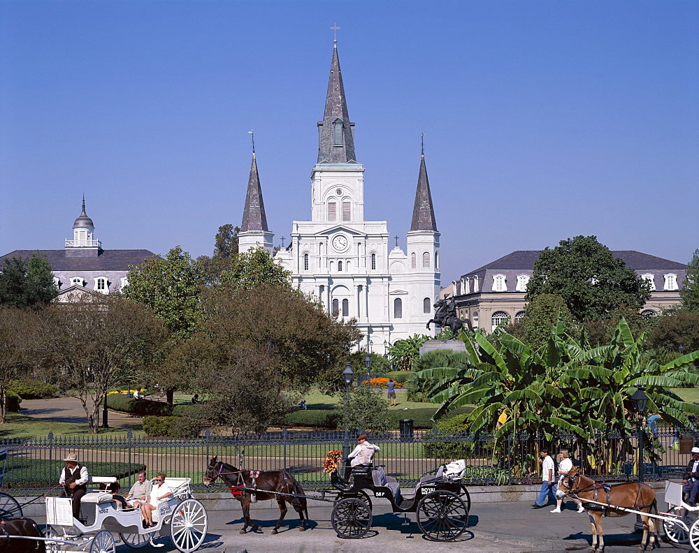 St. Louis Cathedral with horse and carriage, Jackson Square, New Orleans, Louisiana, United States of America, North America