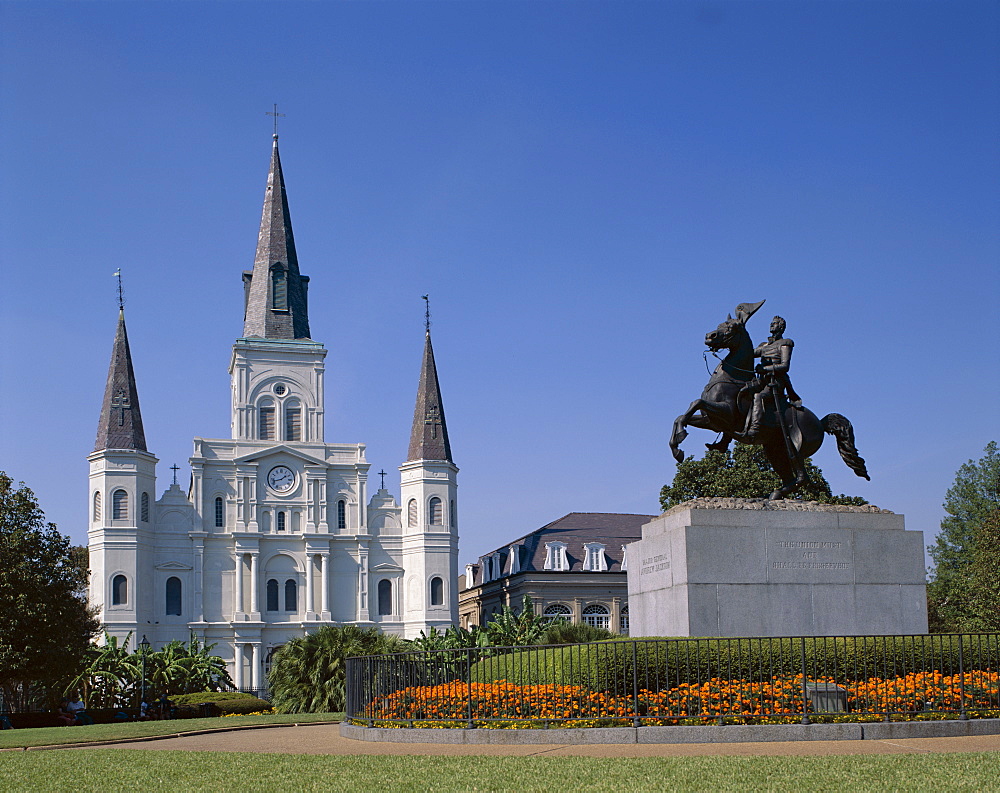 St. Louis Cathedral and statue of General Andrew Jackson, Jackson Square, New Orleans, Louisiana, United States of America, North America