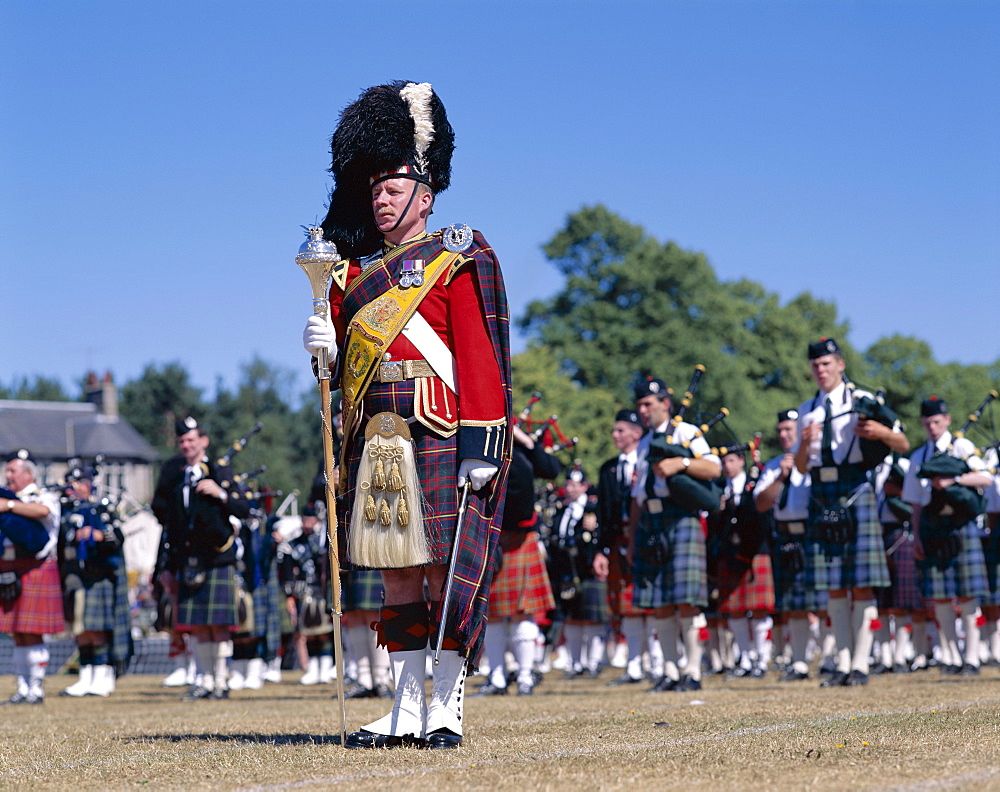 Drum major and Bagpipers, Highland Games, Highlands, Scotland, United Kingdom, Europe