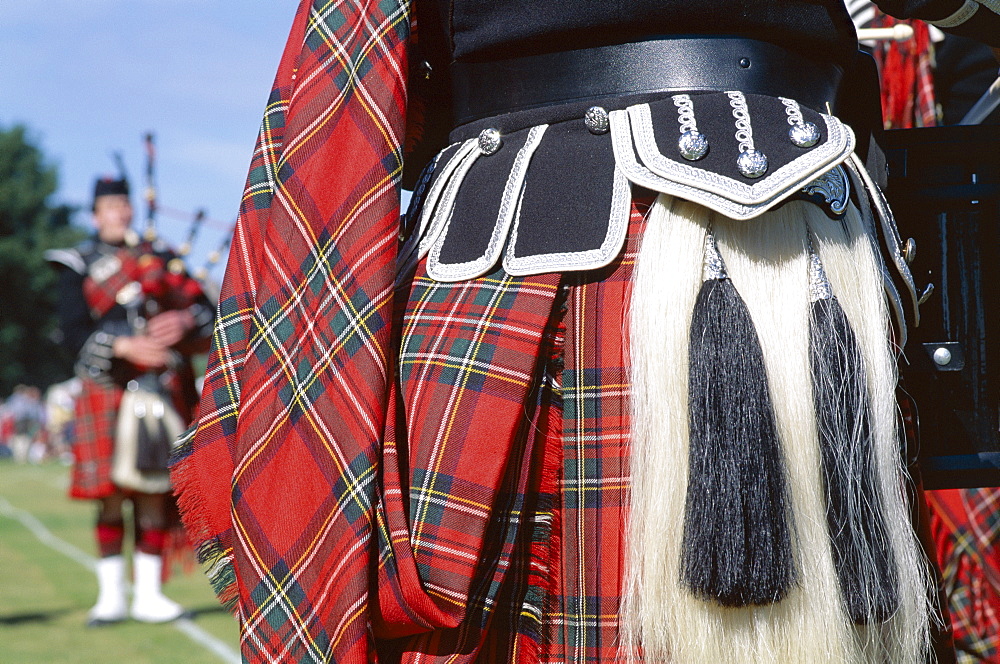 Detail of kilt and sporran, and bagpiper, Highland Games, Highlands, Scotland, United Kingdom, Europe