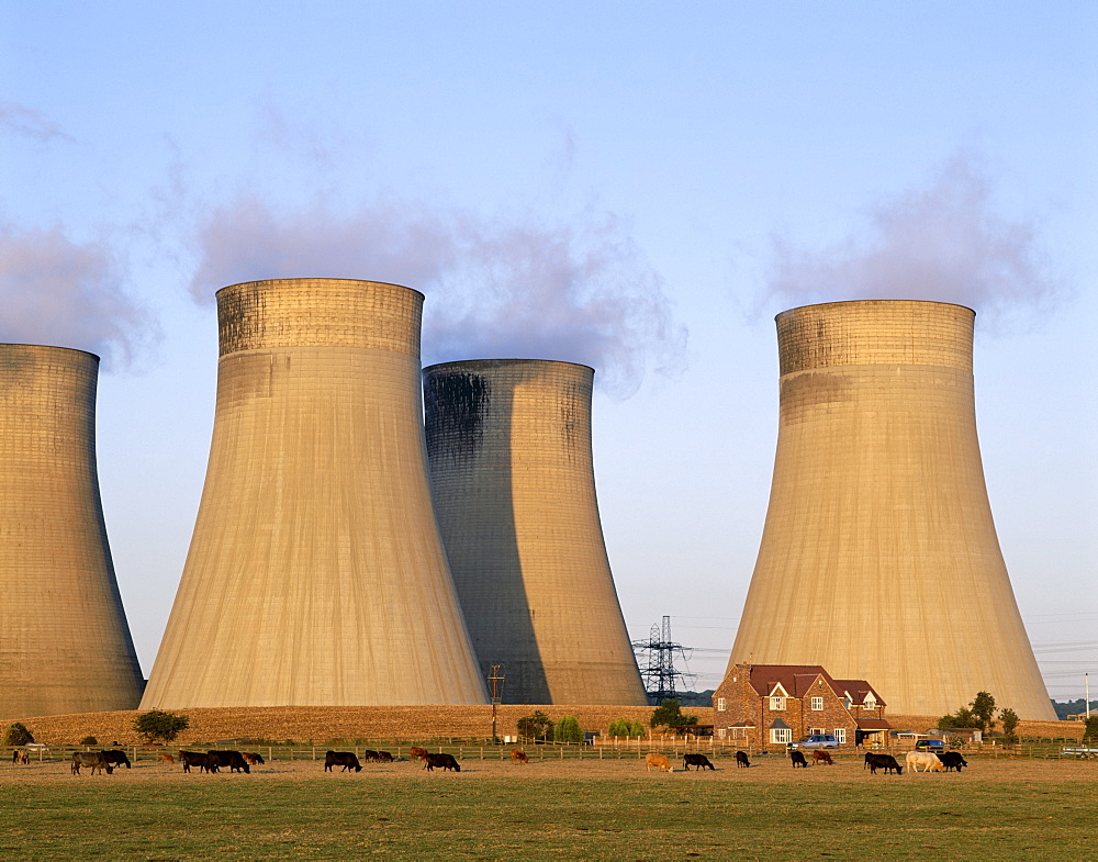 Coal fired power station cooling towers and house, Radcliffe on Trent, Nottinghamshire, England, United Kingdom, Europe