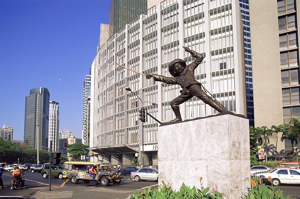 Makati Business street scene with Del Pilar statue, Manila, Philippines, Southeast Asia, Asia