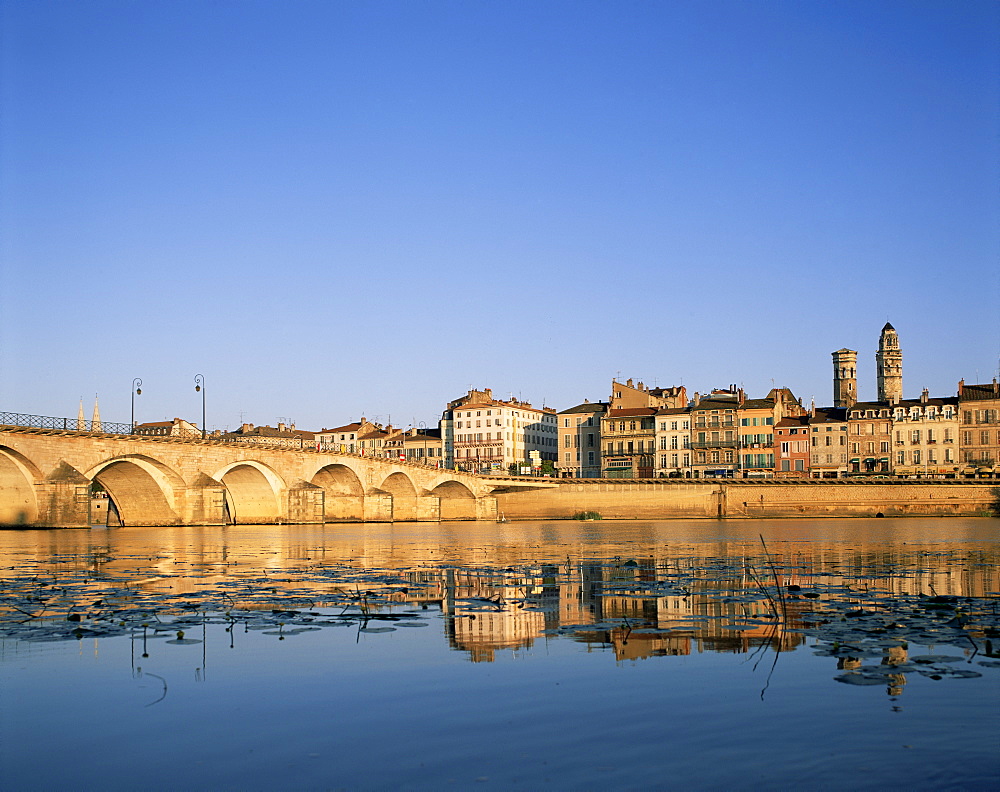 Town skyline and Saone River, Macon, Burgundy, France, Europe