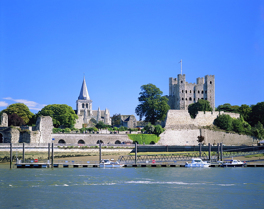 Rochester Castle and cathedral, Rochester, River Medway, Kent, England, United Kingdom, Europe