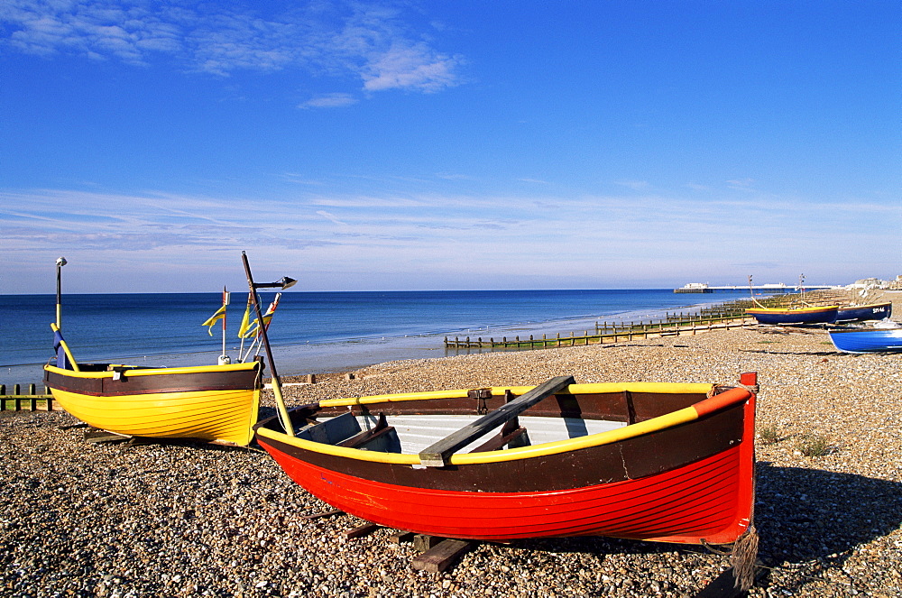 Colourful fishing boats on Worthing Beach, Worthing, Sussex, England, United Kingdom, Europe