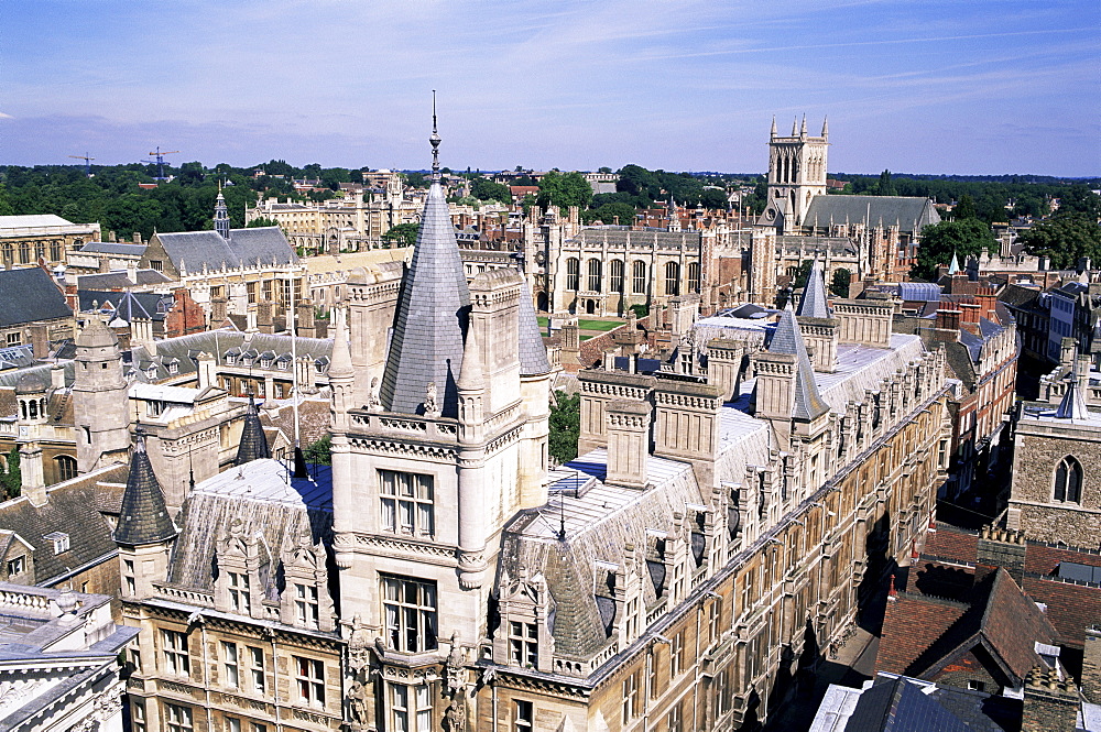 Elevated view of Trinity College and St. Johns College, Cambridge, Cambridgeshire, England, United Kingdom, Europe