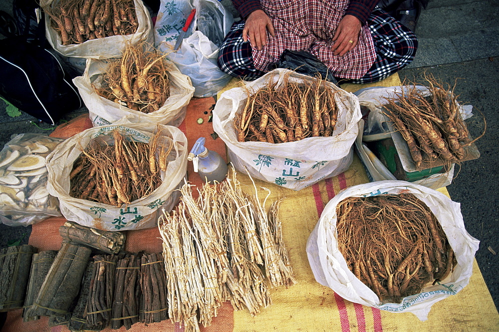 Ginseng display on stall, Namdaemun Market, Seoul, South Korea, Asia