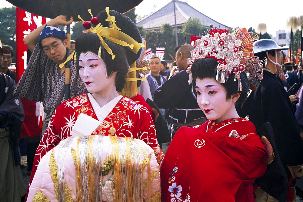 Geishas at Jidai Matsuri Festival held annually in November at Sensoji Temple Asakusa, Tokyo, Honshu, Japan, Asia