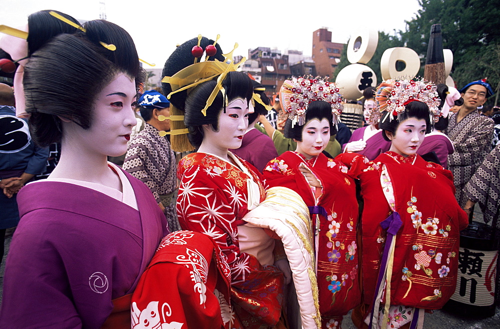 Geishas at Jidai Matsuri Festival held annually in November at Sensoji Temple Asakusa, Tokyo, Honshu, Japan, Asia