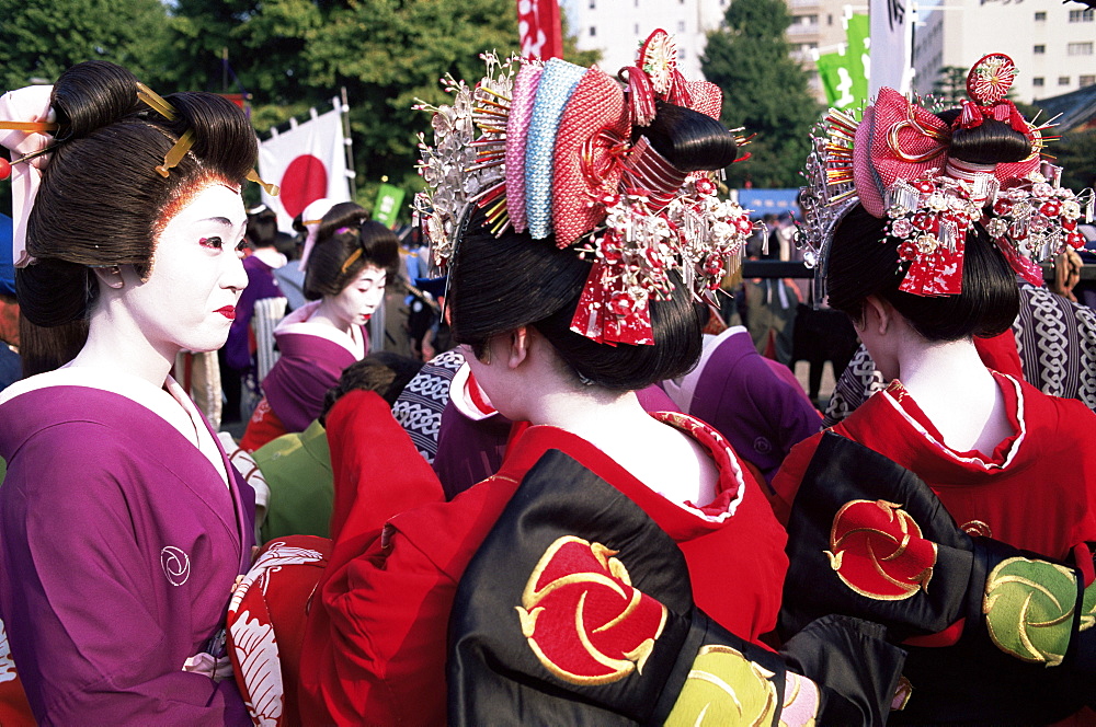 Geishas at Jidai Matsuri Festival held annually in November at Sensoji Temple Asakusa, Tokyo, Honshu, Japan, Asia