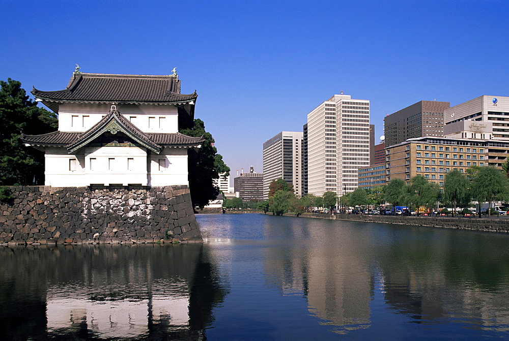 Imperial Palace Moat and Otemachi business area skyline, Tokyo, Honshu, Japan, Asia