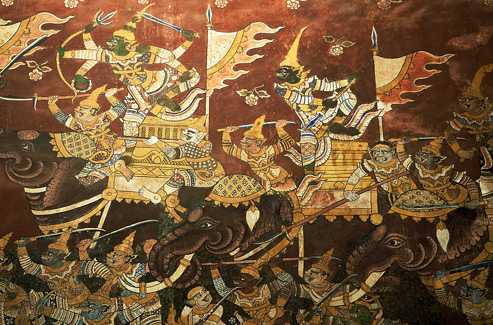 Murals depicting battle scenes of elephants from the Ramakien epic, Wat Mahathat, Phetchaburi, Thailand, Southeast Asia, Asia