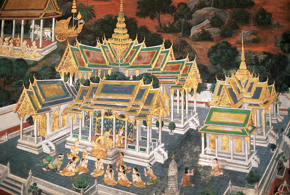 Murals depicting scenes from the Ramakien, Wat Phra Kaeo, Grand Palace, Bangkok, Thailand, Southeast Asia, Asia