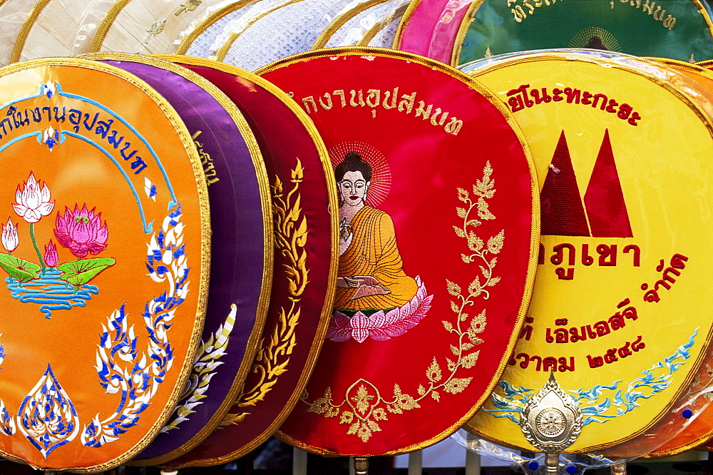 Detail of Buddhist imagery on monks' fans, Thailand, Southeast Asia, Asia