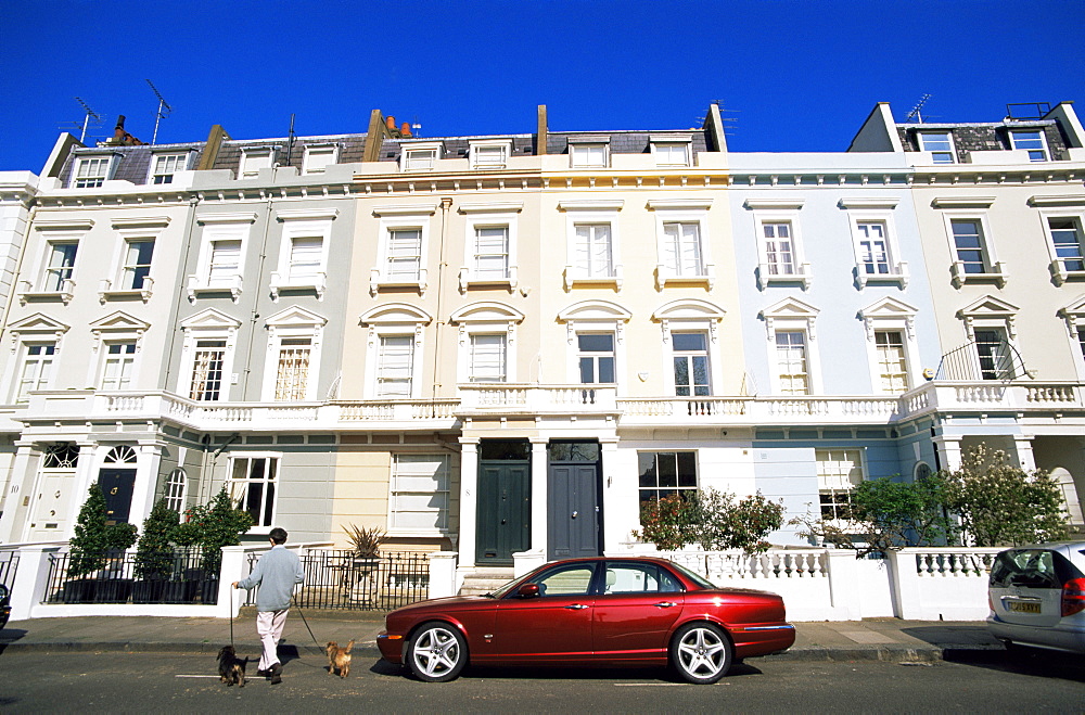 Painted stucco terraced houses in Priory Walk, South Kensington, London, England, United Kingdom, Europe