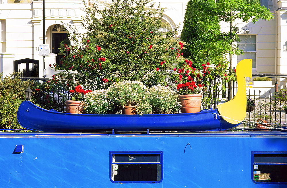 Garden display on canal boat, Little Venice, London, England, United Kingdom, Europe