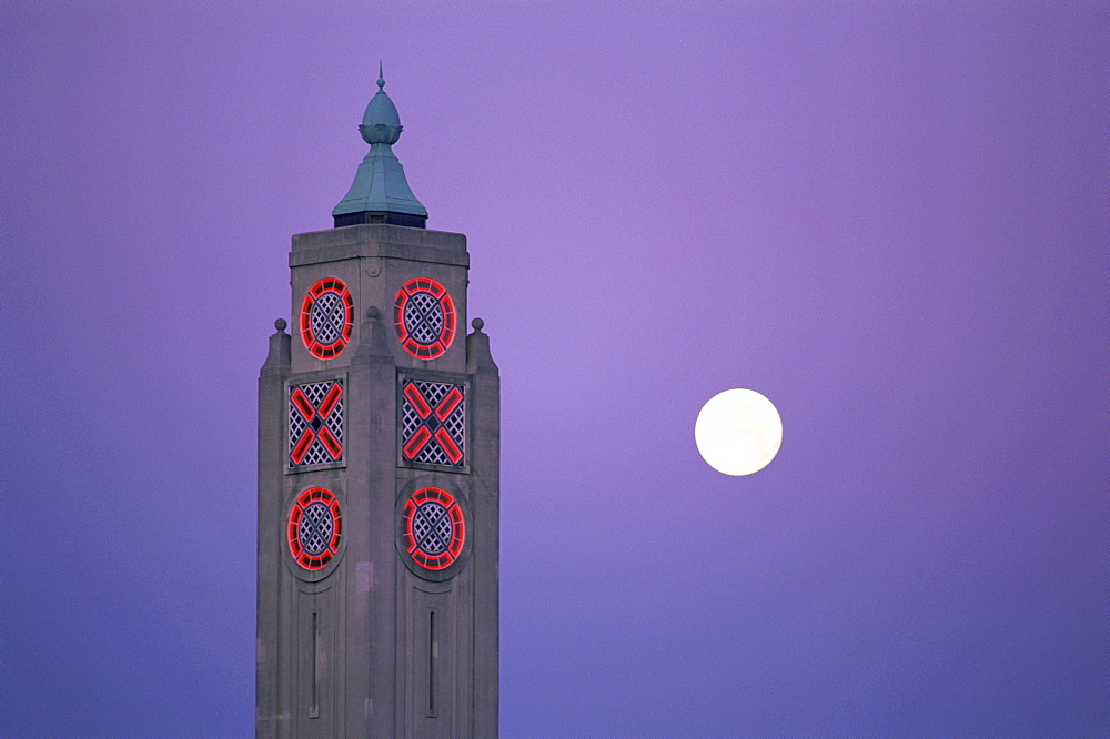 Night view of Oxo Tower with full moon, South Bank, London, England, United Kingdom, Europe