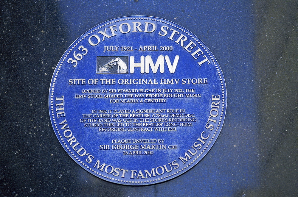 HMV Store blue plaque, 363 Oxford Street, London, England, United Kingdom, Europe