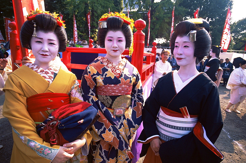 Geishas at Jidai Matsuri Festival held annually in November at Sensoji Temple, Asakusa, Tokyo, Japan, Asia