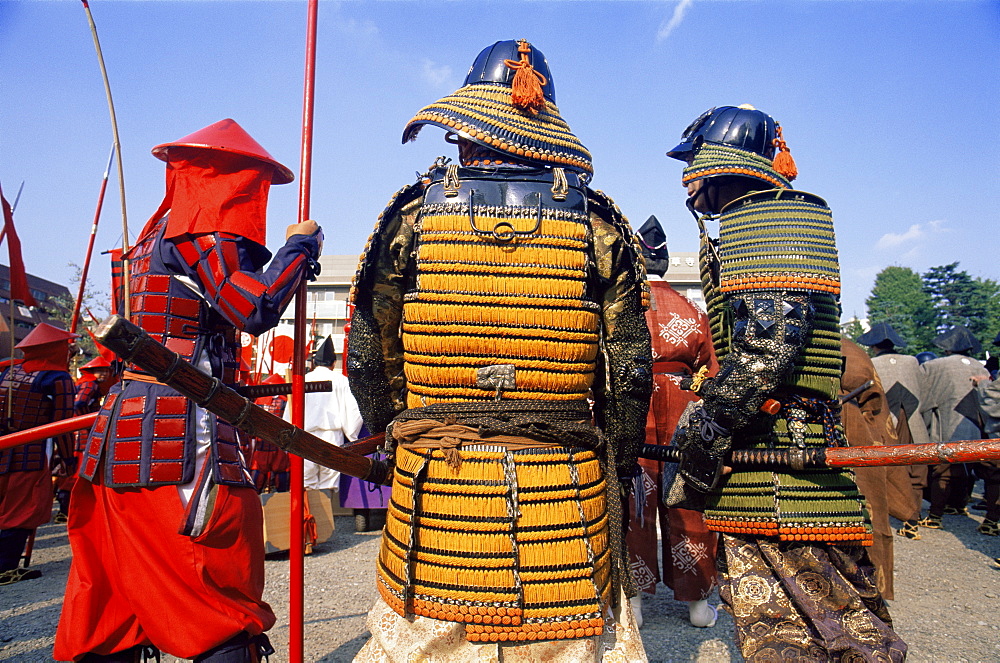 Men dressed in Samurai costume at Jidai Matsuri Festival held annually in November at Sensoji Temple, Asakusa, Tokyo, Japan, Asia