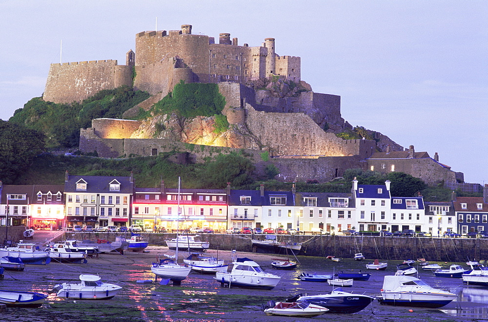 Mont Orgueil Castle, 13th century Medieval castle, at dusk, Gorey, Jersey, Channel Islands, United Kingdom, Europe