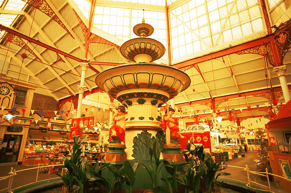 Fountain in Central Market, St. Helier, Jersey, Channel Islands, United Kingdom, Europe