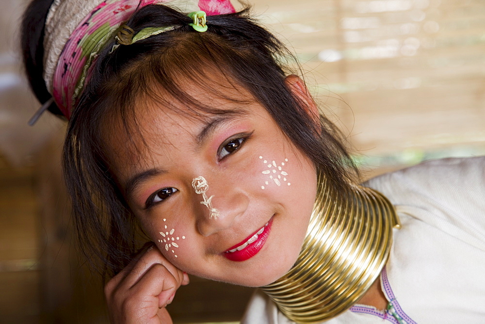 Portrait of Long Neck Karen hill tribe girl, Chiang Rai, Golden Triangle, Thailand, Southeast Asia, Asia