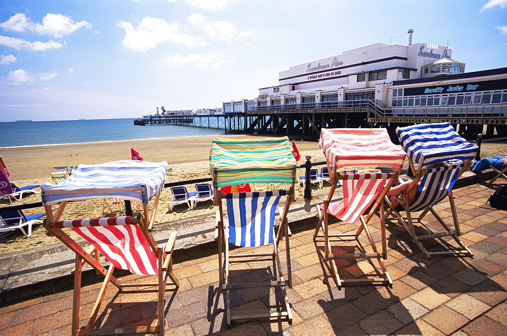 Pier and deck chairs, Sandown, Isle of Wight, England, United Kingdom, Europe