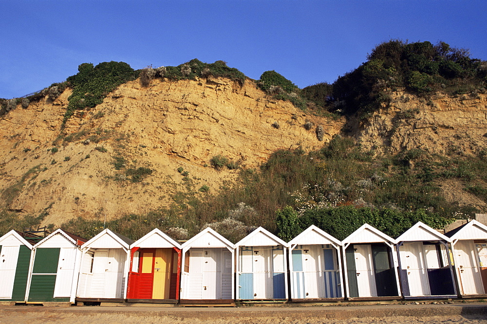 Beach huts on Swanage Beach, Swanage, Dorset, England, United Kingdom, Europe