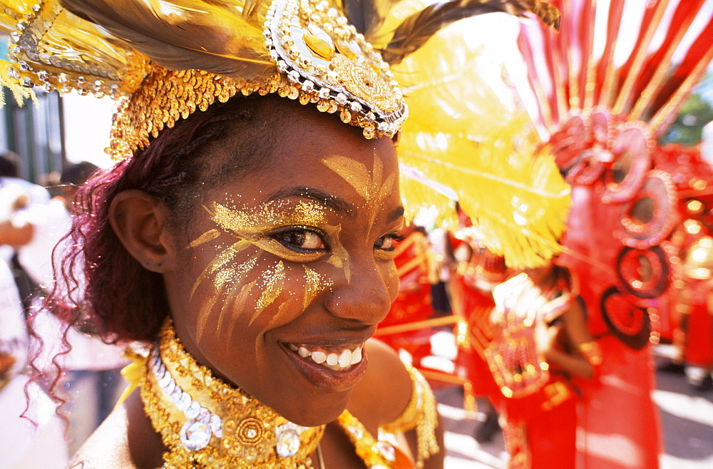 Girl in Notting Hill Carnival parade, Notting Hill, London, England, United Kingdom, Europe