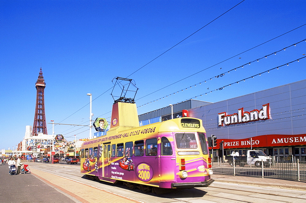 Tram on Seafront Promenade, Blackpool, Lancashire, England, United Kingdom, Europe