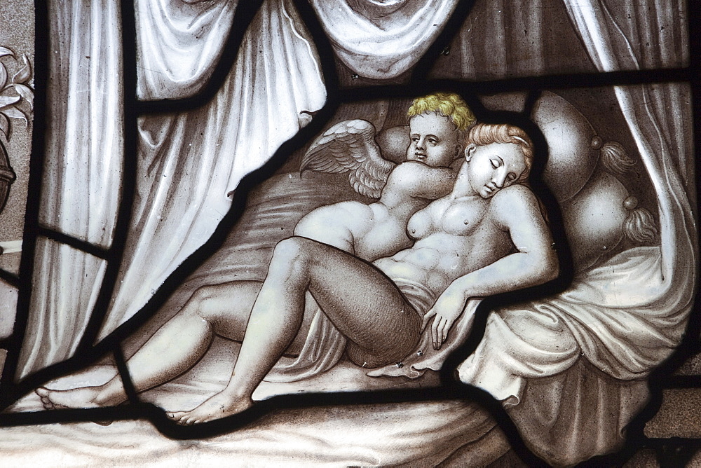 Stained glass window depicting Psyche and Cupid, The  Psyche Gallery, Chateau de Chantilly, Chantilly, Ile de France, France, Europe