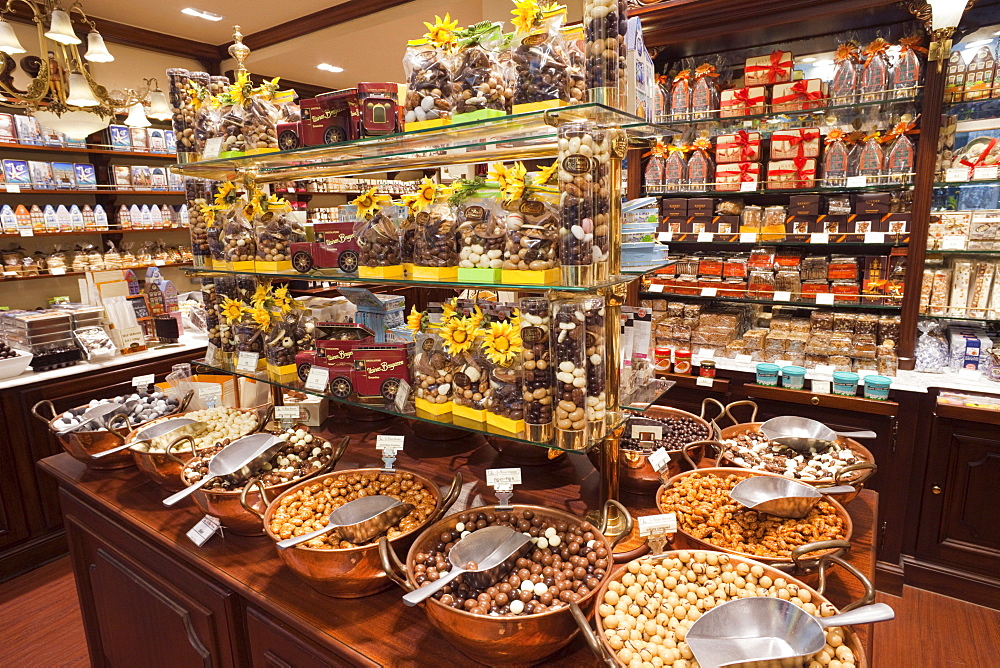 Chocolate shop interior, Brussels, Belgium, Europe