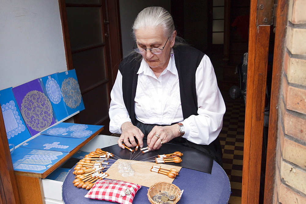 Lace making, Bruges, Belgium, Europe