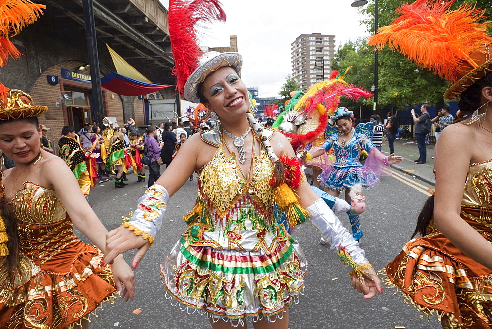 Bolivian dancers, Carnaval Del Pueblo, Europe's largest Latin Street Festival), London, England, United Kingdom, Europe