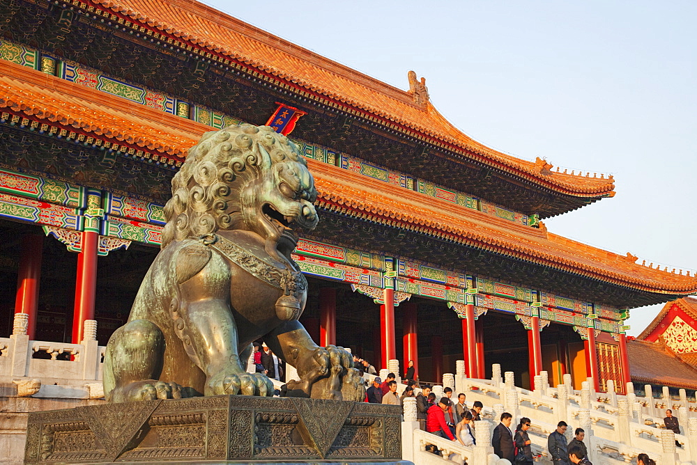 Bronze lion statue in front of the Gate of Supreme Harmony, Palace Museum, Forbidden City, Beijing, China, Asia